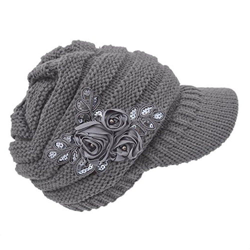 5052 C-US Winter Warm Knit Hat Crochet Visor Brim Cap with Flower Accent